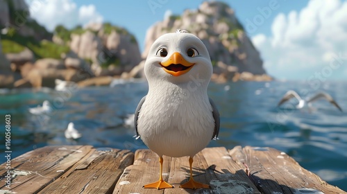 Happy baby seagull on wooden dock.