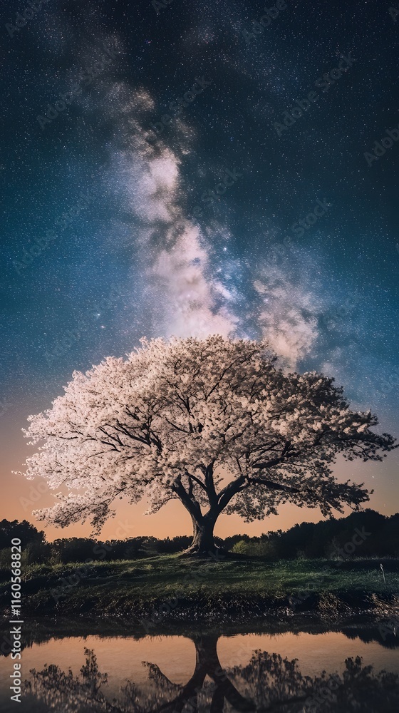 A magnificent and beautiful cherry blossom tree standing alone, with a beautiful view of the stars in the night sky A magnificent and beautiful cherry blossom tree standing alone, with a beautiful view of the stars in the night sky