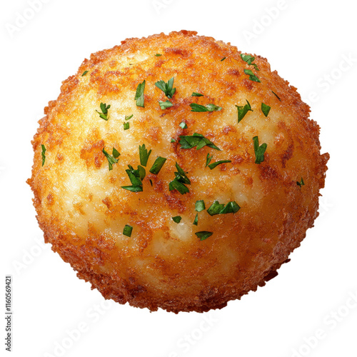 Fried Croquette on White, a single golden croquette, perfectly crisped, set against a clean white backdrop, highlighting its texture and shape. photo