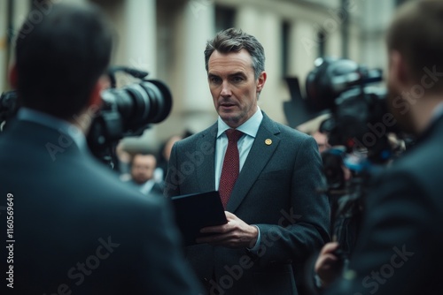 A confident man speaks to the media while surrounded by cameras. His poised demeanor indicates importance. Communication is vital in public affairs. Generative AI photo