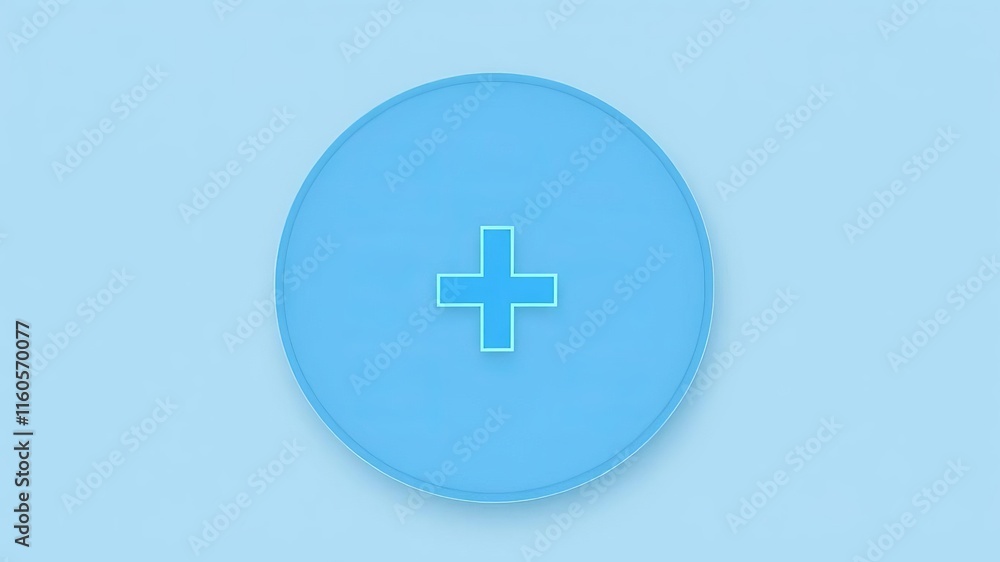 3D illustration of a blue circle and white plus symbol icon on a white background, white, 3D 3D illustration of a blue circle and white plus symbol icon on a white background, white, 3D