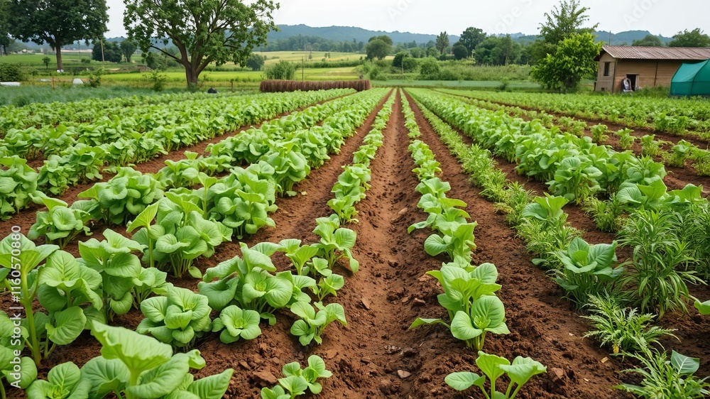 A beautiful lush permaculture farm with rows of organic vegetables growing in harmony with the natural environment, agriculture, growth A beautiful lush permaculture farm with rows of organic vegetables growing in harmony with the natural environment, agriculture, growth