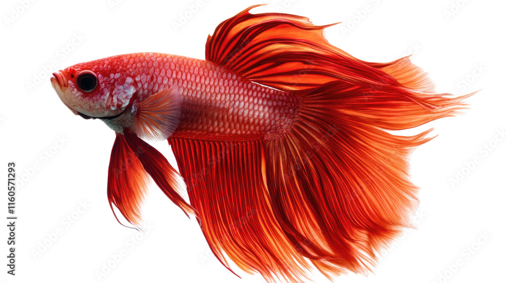 Fototapeta premium Red Betta Fish Elegance: A vibrant red betta fish, with flowing fins, swims gracefully against a clean, white background. Its intricate scales and captivating movements create a stunning visual.