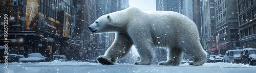 Polar bear walking through a snowy urban landscape. photo