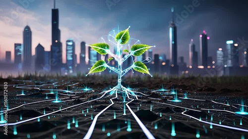 Futuristic Plant with Glowing Roots Connected to a Smart Grid in Urban Setting Highlighting Eco-Technology

 photo