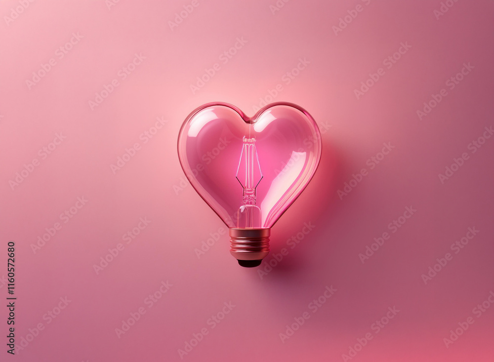 A glowing heart-shaped light bulb illuminates a soft pink background. A symbol of love and inspiration. A glowing heart-shaped light bulb illuminates a soft pink background. A symbol of love and inspiration.