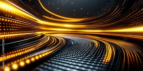 Abstract glowing gold lines curve on dark background.
