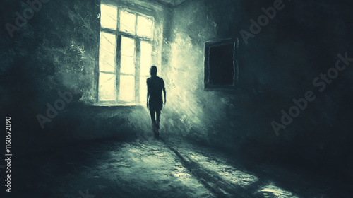 A figure walking away from a window in a dark room, their back turned, signifying a desire to escape from reality. photo