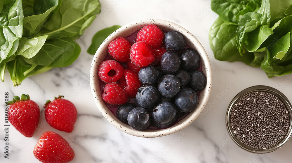 Fresh berries and spinach leaves in a bowl with chia seeds nearby Fresh berries and spinach leaves in a bowl with chia seeds nearby