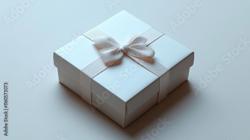 White gift box with ribbon on white background. Generative AI photo