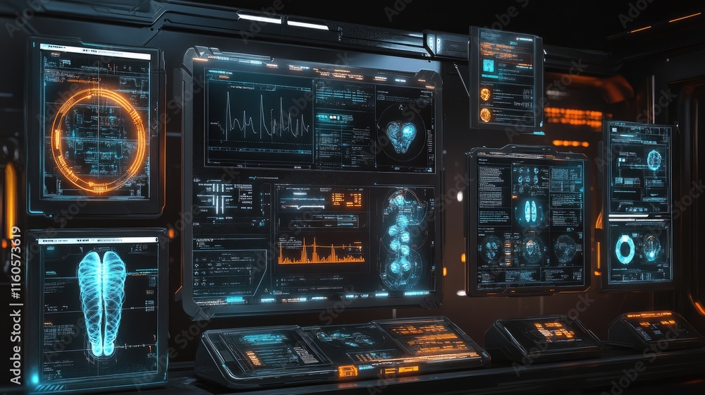 A collection of HUD elements designed for medical examinations, featuring DNA sequences, heart rate monitors, and body scans in a futuristic setting. A collection of HUD elements designed for medical examinations, featuring DNA sequences, heart rate monitors, and body scans in a futuristic setting.