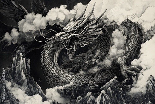 A majestic Asian dragon soars above mountains in sepia ink. photo