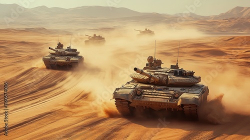 Multiple tanks traverse a desert landscape, kicking up sand. Illustrates military power, conflict, or desert warfare themes. photo