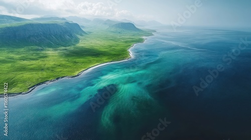 Aerial view of a lush green coastline meeting a vibrant blue ocean under a clear sky.