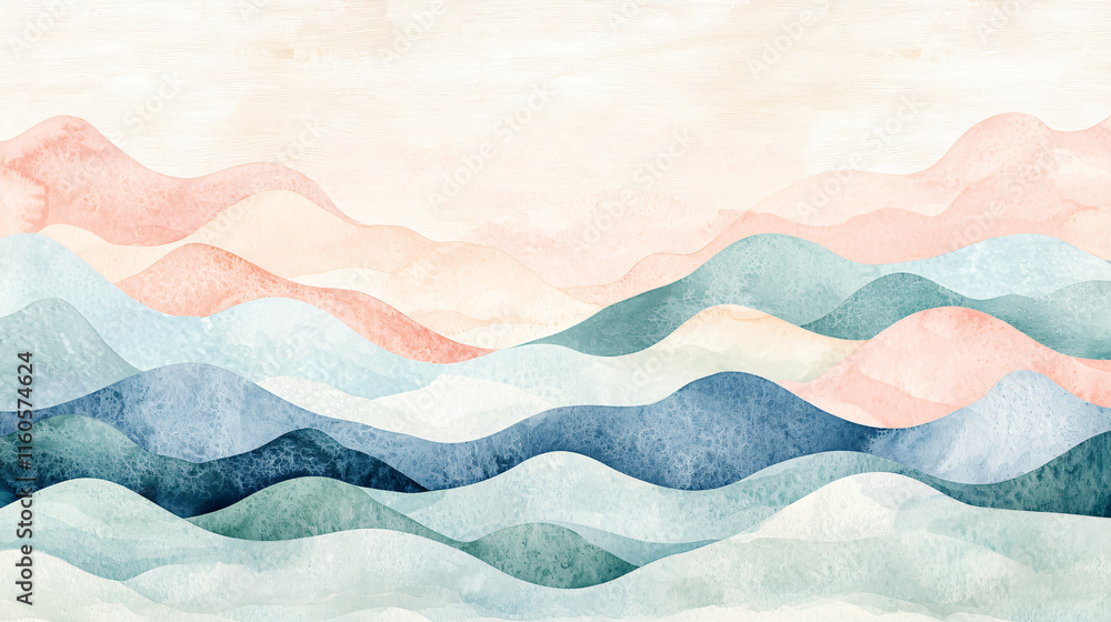 Obraz premium A watercolor painting of a serene landscape with pastel pinks, blues, and greens blending softly.