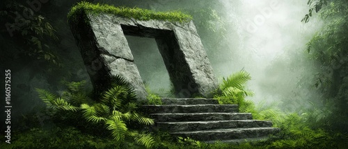 Mysterious Stone Gateway in Lush Jungle Ancient Ruins Steps Fog