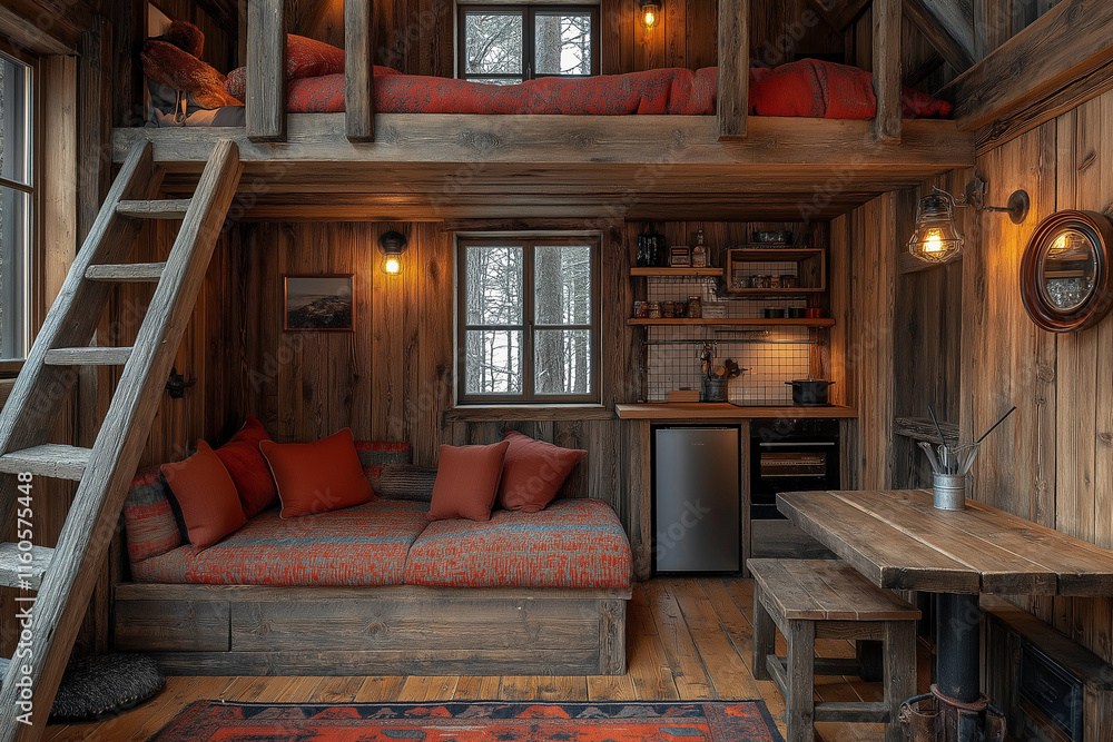 Photographie intérieure d’un petit studio rustique mettant en valeur un lit mezzanine en bois, kitchenette au style vintage, un canapé compact et éclairage chaleureux, espace convivial et accueillant Photographie intérieure d’un petit studio rustique mettant en valeur un lit mezzanine en bois, kitchenette au style vintage, un canapé compact et éclairage chaleureux, espace convivial et accueillant
