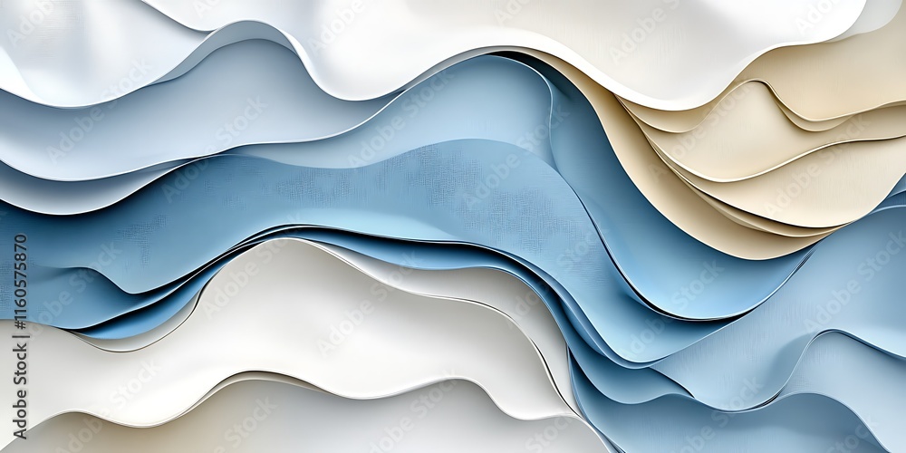 Fototapeta premium Abstract wavy background with blue, white, and beige layers.