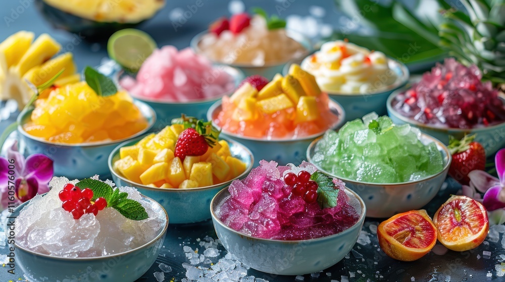 A tropical shaved ice platter with individual servings of vibrant flavors like pineapple, lychee, and hibiscus, each topped with a unique fruit garnish A tropical shaved ice platter with individual servings of vibrant flavors like pineapple, lychee, and hibiscus, each topped with a unique fruit garnish