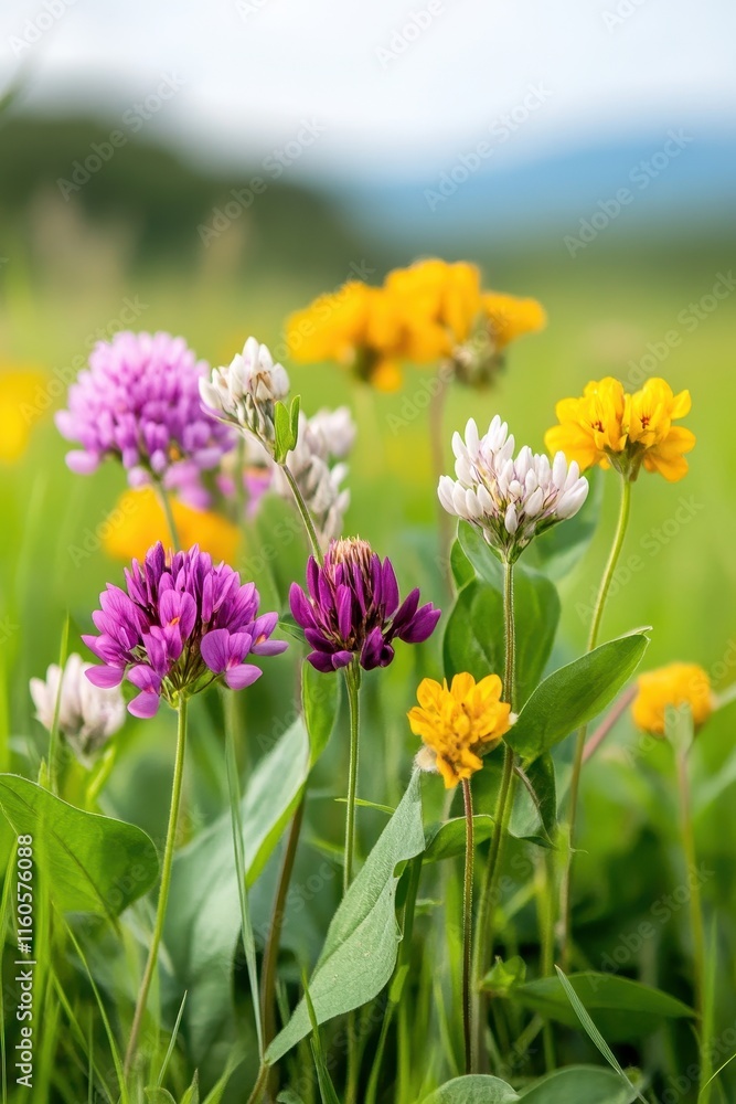 Fototapeta premium A close-up of vibrant wildflowers blooming in a sunlit meadow, showcasing nature's delicate beauty.