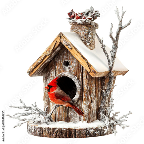 Winter Cardinal on Birdhouse, Isolated transparent Background photo