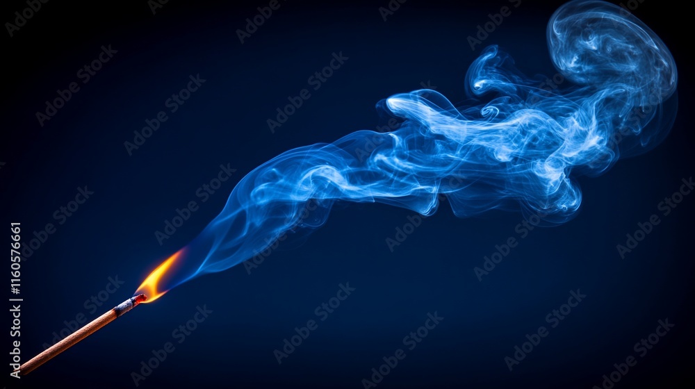 Blue smoke rising from a lit matchstick on dark background. Blue smoke rising from a lit matchstick on dark background.