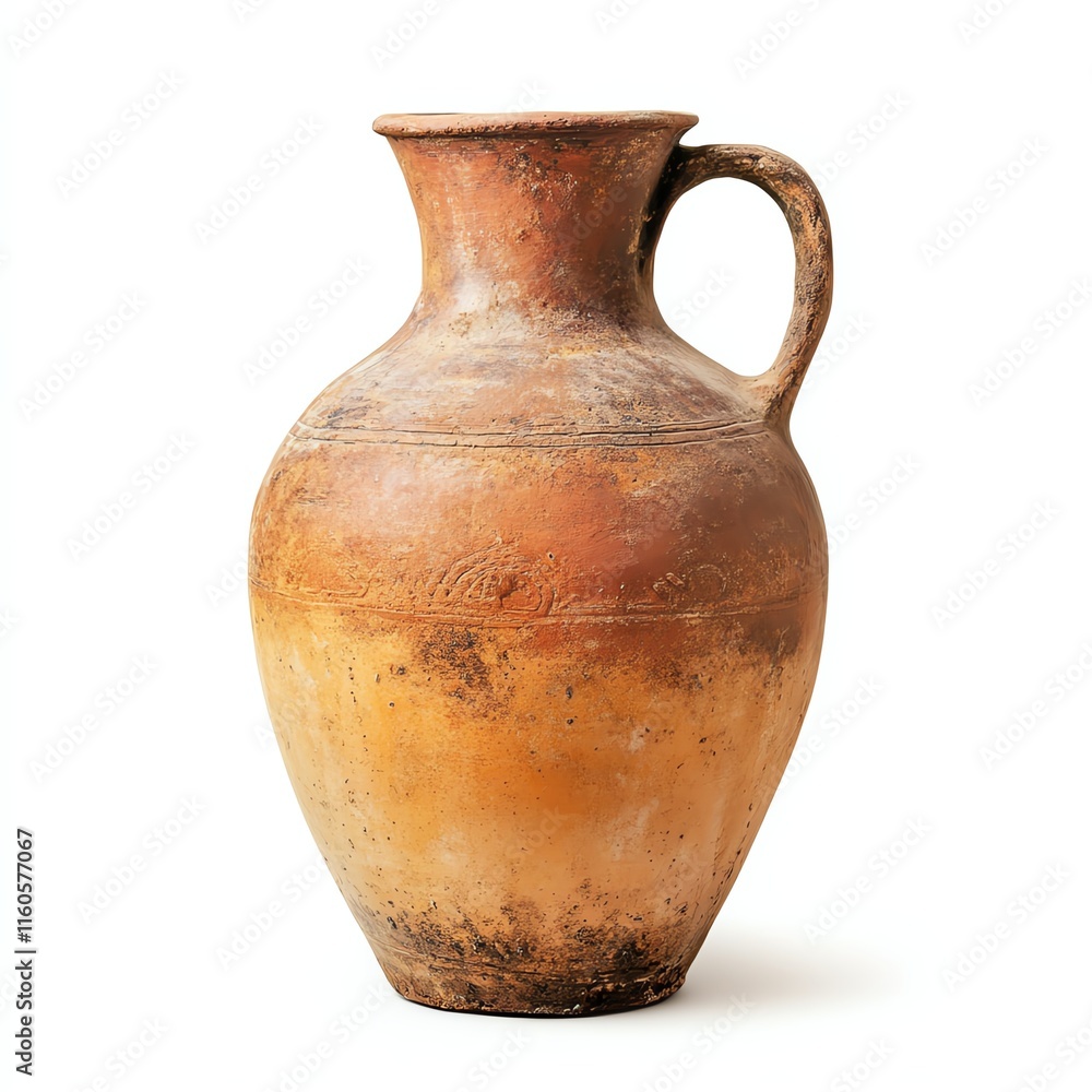 Antique clay jug with a handle on a white isolated background. Antique clay jug with a handle on a white isolated background.