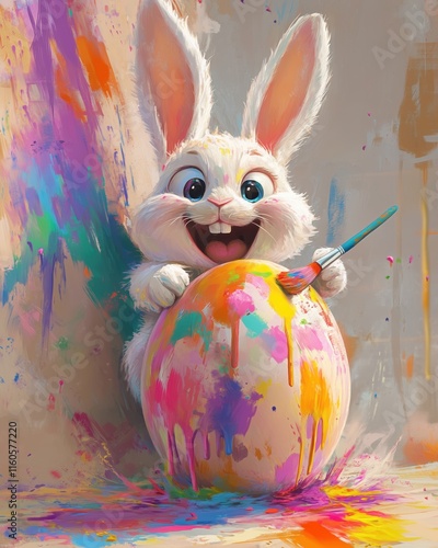 Osterhase malt mit Freude buntes Ei