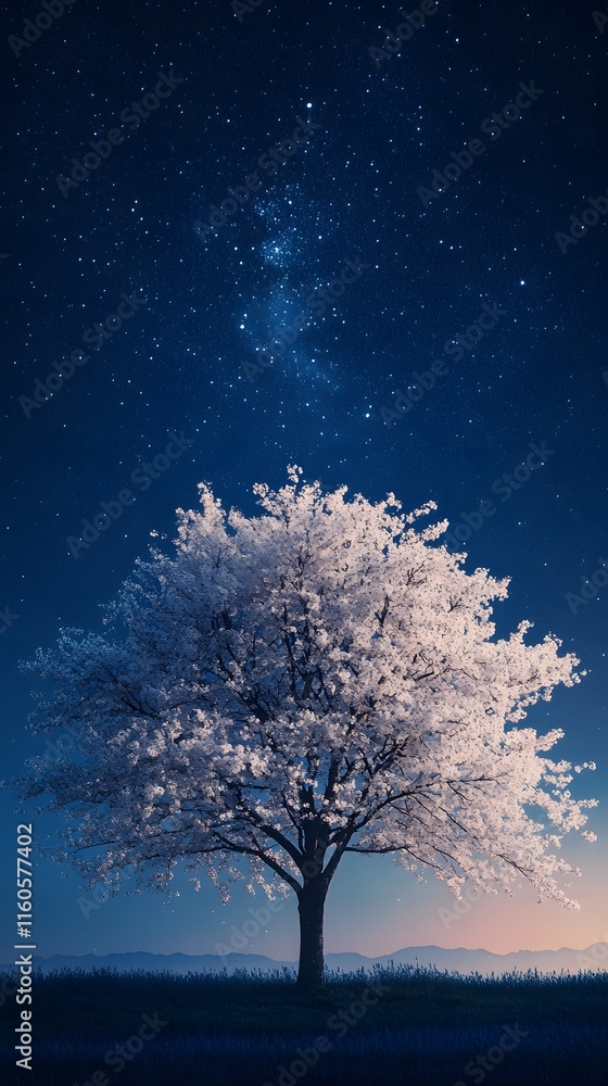 A magnificent and beautiful cherry blossom tree standing alone, with a beautiful view of the stars in the night sky A magnificent and beautiful cherry blossom tree standing alone, with a beautiful view of the stars in the night sky