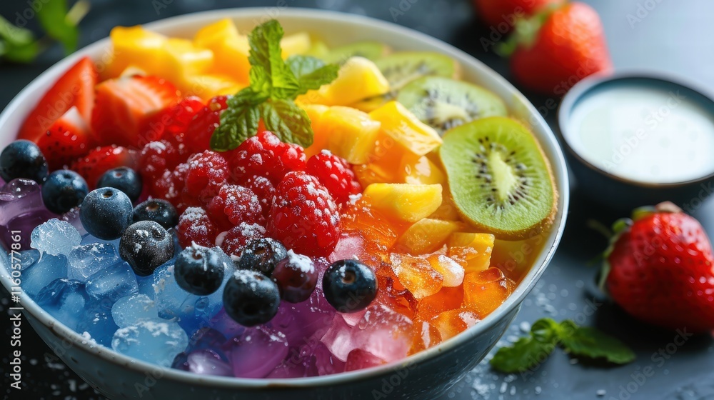 A vibrant bowl of rainbow-colored shaved ice topped with fresh fruit, syrups, and condensed milk, perfect for a summer treat A vibrant bowl of rainbow-colored shaved ice topped with fresh fruit, syrups, and condensed milk, perfect for a summer treat