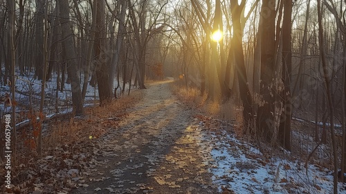 Stunning sunrise over a scenic woodland path  a chilly morning walk in nature s embrace photo