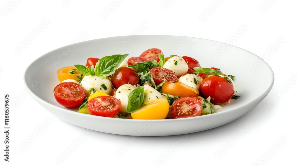 Colorful salad with cherry tomatoes, mozzarella, and basil on white plate. Colorful salad with cherry tomatoes, mozzarella, and basil on white plate.
