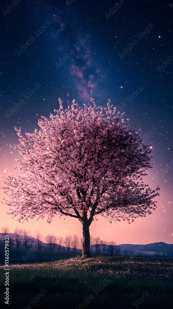 A magnificent and beautiful cherry blossom tree standing alone, with a beautiful view of the stars in the night sky A magnificent and beautiful cherry blossom tree standing alone, with a beautiful view of the stars in the night sky
