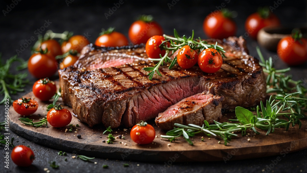 A Flavorful Grilled Steak Accompanied by Roasted Tomatoes, Perfect for Gourmet Dining A Flavorful Grilled Steak Accompanied by Roasted Tomatoes, Perfect for Gourmet Dining