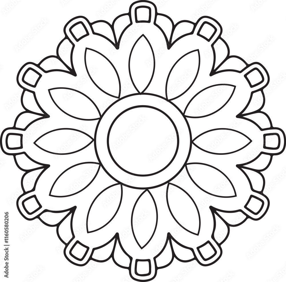 Circle flowers of a mandala with a floral ornament pattern. This is a vector black-and-white mandala design for coloring. It is a beautiful, symmetrical mandala design in black and white. Circle flowers of a mandala with a floral ornament pattern. This is a vector black-and-white mandala design for coloring. It is a beautiful, symmetrical mandala design in black and white.