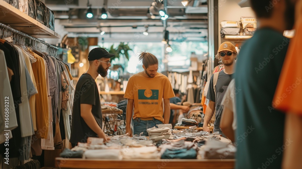 clothing store with curated collections of secondhand fashion, customers browsing for unique clothing store with curated collections of secondhand fashion, customers browsing for unique