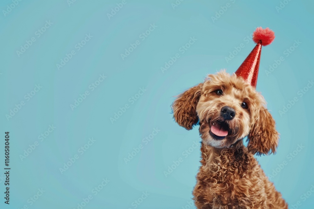 Obraz premium Cute dog celebrating with red pary hat and blow out against a blue background and copy space to side