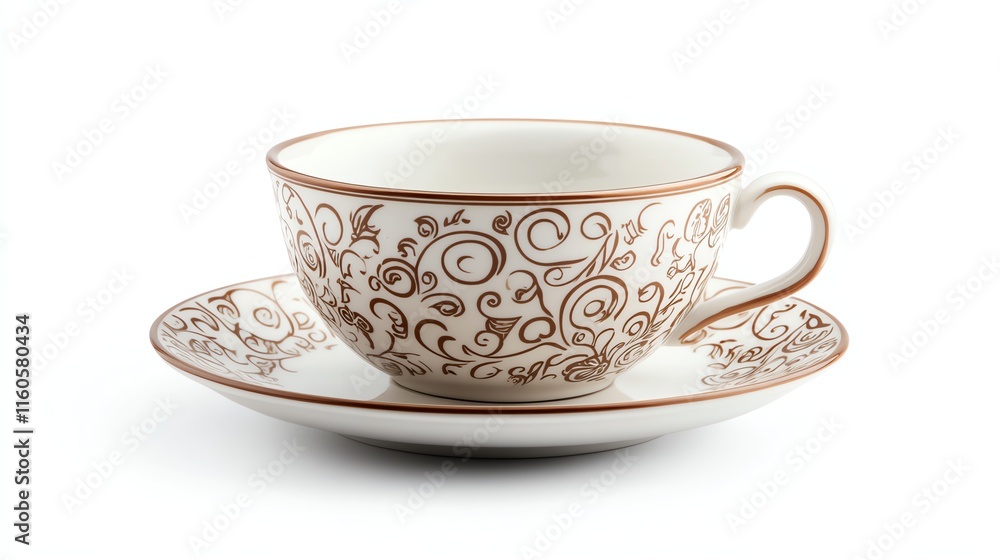 Elegant porcelain tea cup with intricate brown patterns on a white background. Elegant porcelain tea cup with intricate brown patterns on a white background.