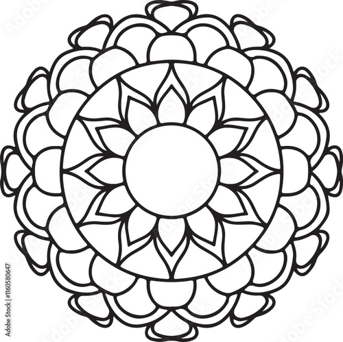 Circle flowers of a mandala with a floral ornament pattern. This is a vector black-and-white mandala design for coloring. It is a beautiful, symmetrical mandala design in black and white.