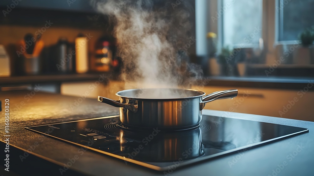 Steaming pot on modern induction cooktop in kitchen. Steaming pot on modern induction cooktop in kitchen.