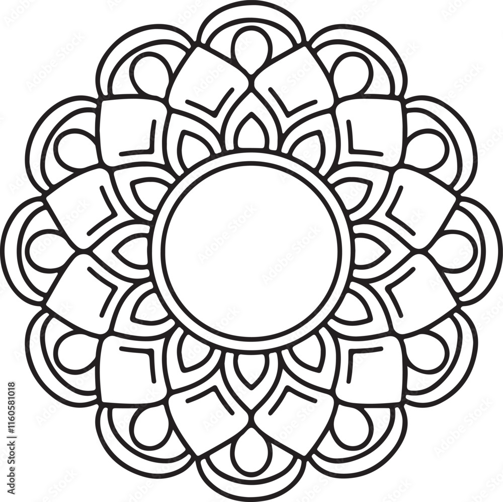 Circle flowers of a mandala with a floral ornament pattern. This is a vector black-and-white mandala design for coloring. It is a beautiful, symmetrical mandala design in black and white. Circle flowers of a mandala with a floral ornament pattern. This is a vector black-and-white mandala design for coloring. It is a beautiful, symmetrical mandala design in black and white.