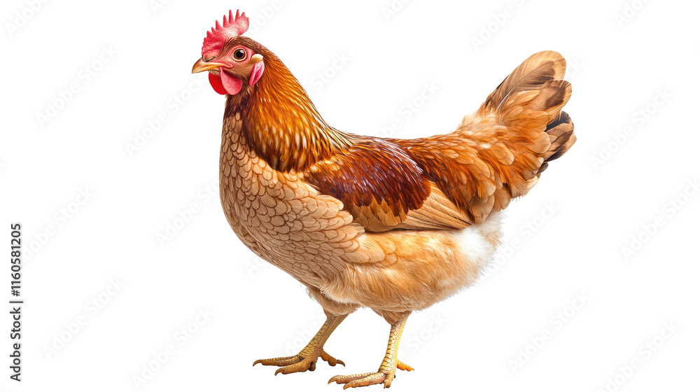 Fototapeta premium Golden Hen: A striking image of a brown hen with vibrant plumage, perfectly captured in a side profile. Her bright red comb and wattle add a touch of color to her otherwise soft, earthy tones.