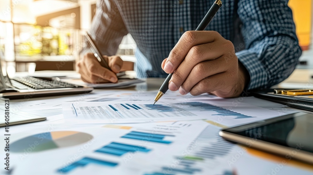 Businessman drawing a business growth line on concept of financial planning and a return on investment analysis. Businessman drawing a business growth line on concept of financial planning and a return on investment analysis.