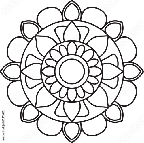 Circle flowers of a mandala with a floral ornament pattern. This is a vector black-and-white mandala design for coloring. It is a beautiful, symmetrical mandala design in black and white.