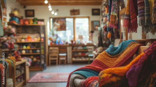 cozy knitting store filled with colorful yarns, knitting needles, and handmade scarves photo