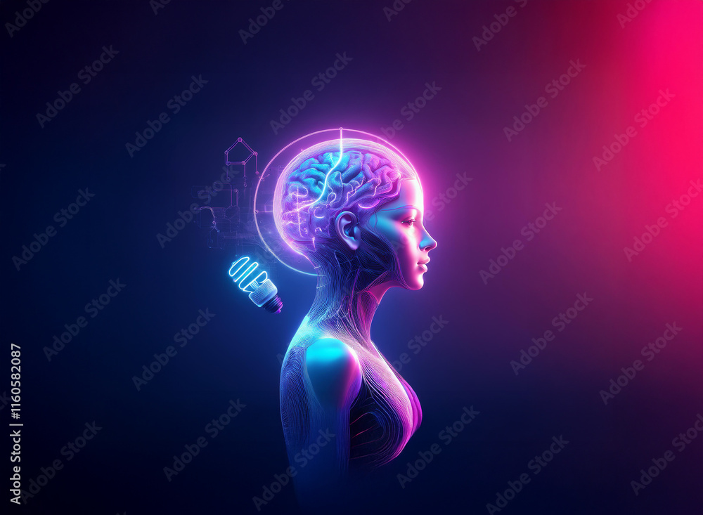 Cyberpunk-style profile of a woman with a glowing brain, a microphone suggesting AI communication or vocalization, set against a vibrant pink and blue backdrop. Cyberpunk-style profile of a woman with a glowing brain, a microphone suggesting AI communication or vocalization, set against a vibrant pink and blue backdrop.