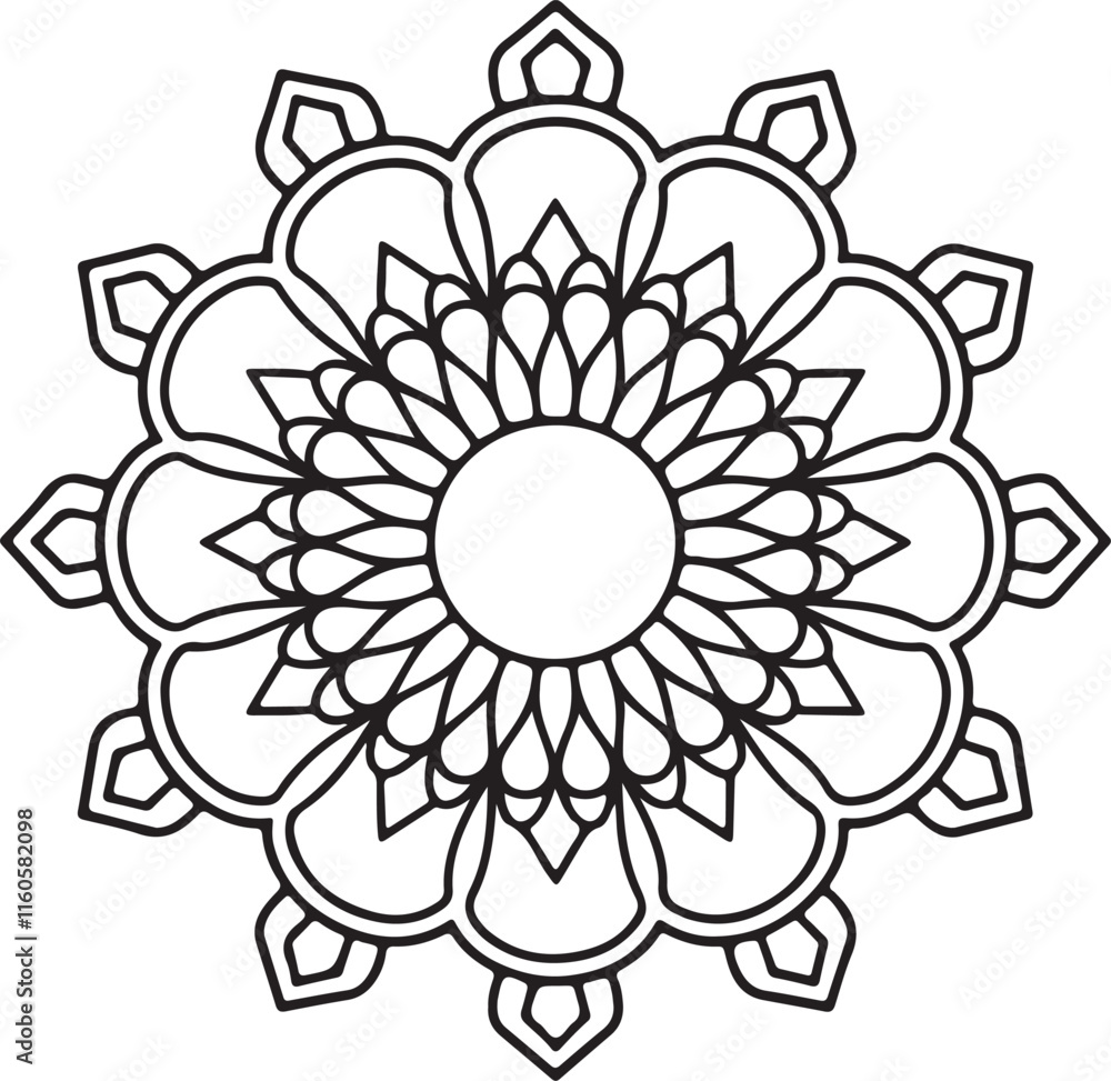 Circle flowers of a mandala with a floral ornament pattern. This is a vector black-and-white mandala design for coloring. It is a beautiful, symmetrical mandala design in black and white. Circle flowers of a mandala with a floral ornament pattern. This is a vector black-and-white mandala design for coloring. It is a beautiful, symmetrical mandala design in black and white.