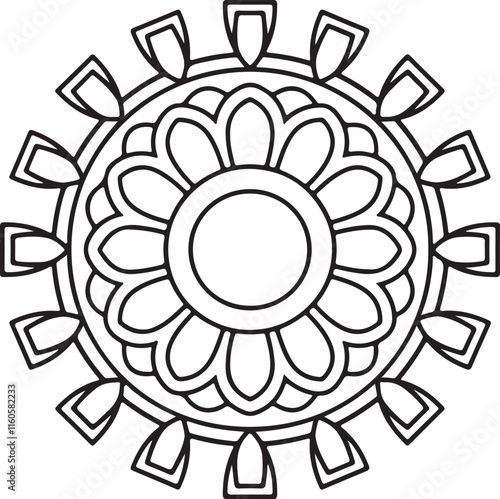 Circle flowers of a mandala with a floral ornament pattern. This is a vector black-and-white mandala design for coloring. It is a beautiful, symmetrical mandala design in black and white.