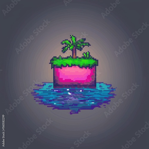 20241228122317list 75 An intricate 8-bit pixel art of a glowing pixelated island with a tiny glowing treasure chest, surrounded by sparkling water, set on a pastel aqua and brown background  photo