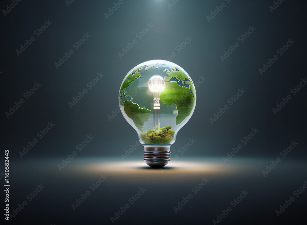 A glowing light bulb contains a miniature Earth, symbolizing environmental awareness and sustainable energy solutions for a brighter future.